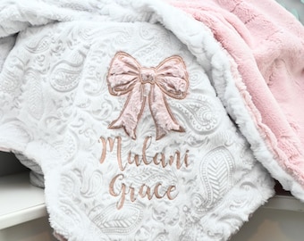 Personalized Rose Gold Minky Baby Blanket with Ribbon Appliqué