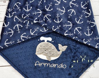 Personalisierte Anker Wal Minky Decke-Personalisierte Anker Baby Decke-Wal Junge Decke-Anker Baby Mädchen Jungen Decke-Nautische Decke