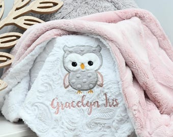 Owl Personalized Minky Baby Blanket-Owl baby blanket-Personalized Baby Minky blanket-Minky Owl Blanket-Girl baby blanket