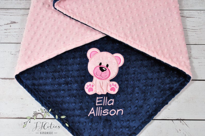 PERSONALISED BABY PRAM BLANKET with EMBROIDERED TEDDY BEAR AND YOUR BABY/'S NAME