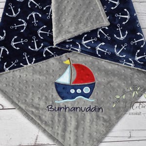 Manta de bebé Minky personalizada-Manta de bebé Velero-Manta Minky ancla personalizada-Manta náutica Minky-Manta de bebé niño barco de vela