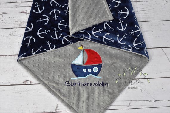 Personalized Minky Baby Blanket-SailBoat baby blanket-Personalized Anchor Minky blanket-Minky Nautical Blanket-Sail boat Boy baby blanket