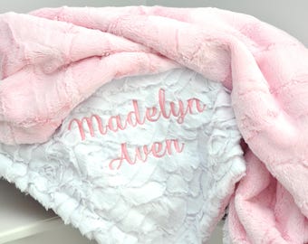 Personalized Pink Minky Baby Blanket-Baby Girl Blanket-Personalized Baby blanket-Pink white nursery blanket-pink white baby shower gift