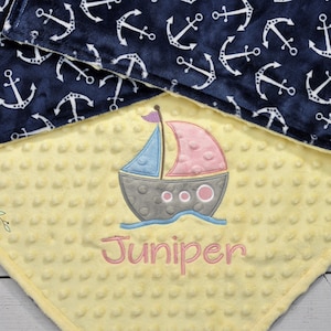 Manta de bebé Minky personalizada-Manta de bebé Velero-Manta Minky ancla personalizada-Manta náutica Minky-Manta de bebé niña barco de vela