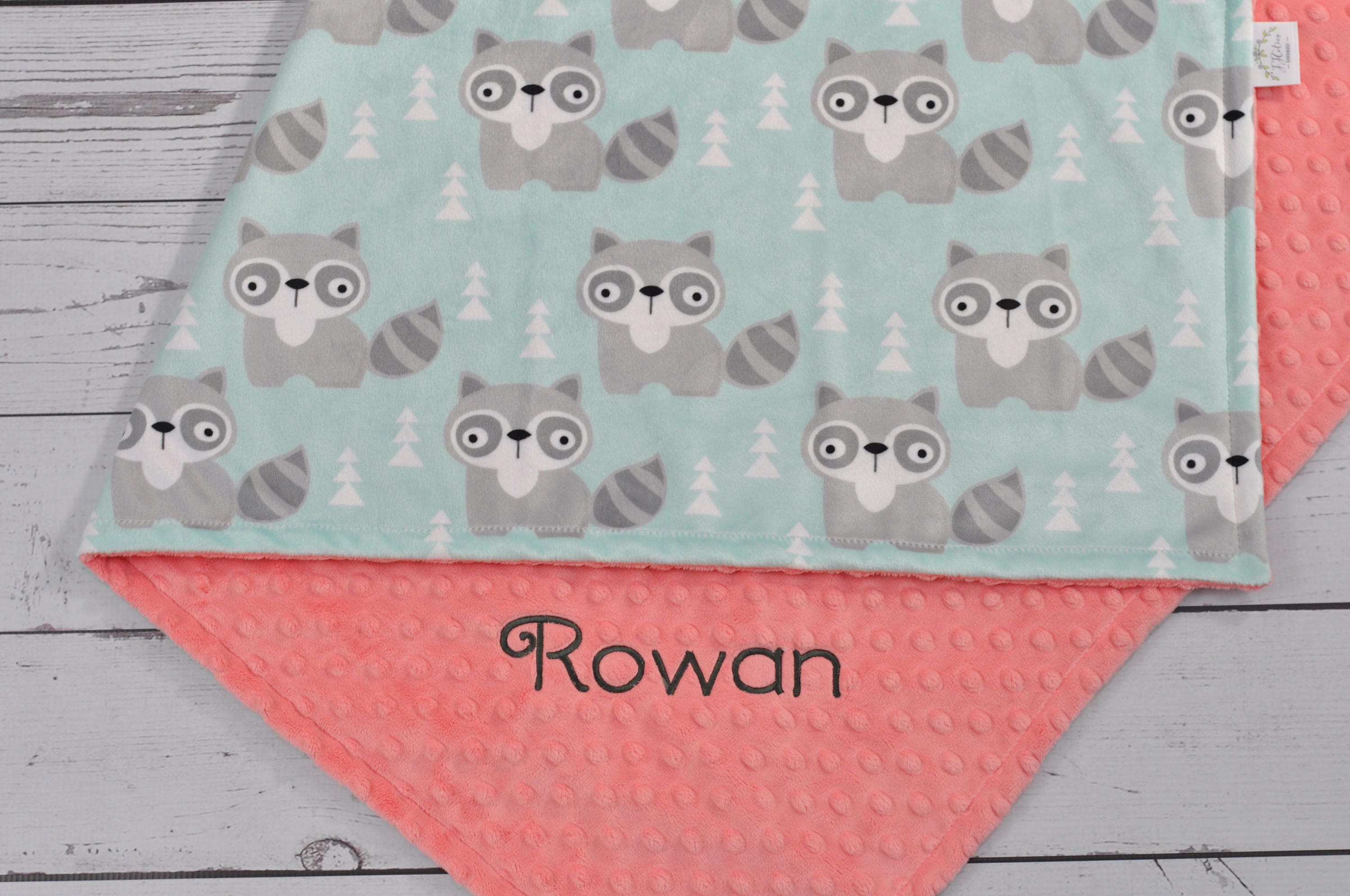 Raccoon Baby Blanket-Personalized Baby Blanket-Raccoon Minky Blanket-Aqua Mint Personalized Blanket Boy Girl Blanket