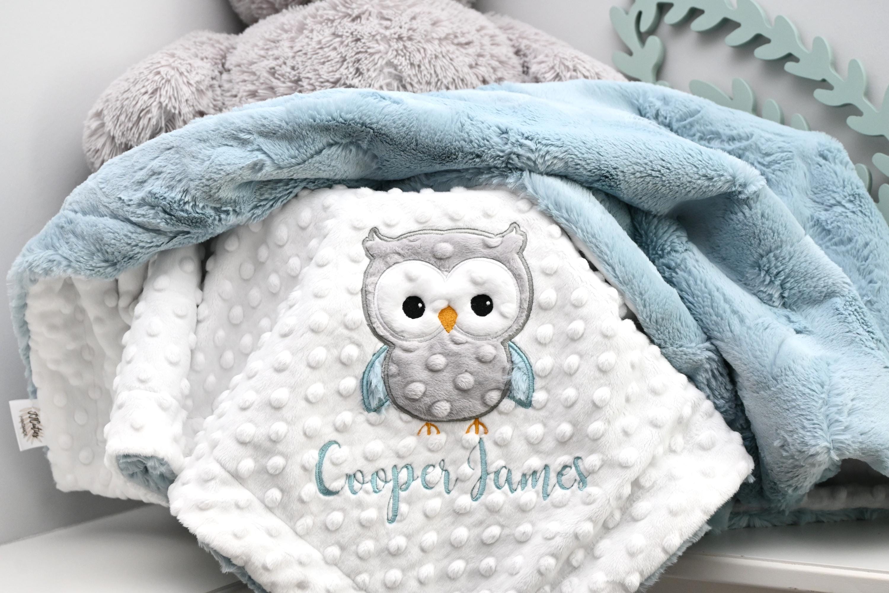 Owl baby blanket personalized Robin's egg blue-Robin's egg blue nursery baby shower-Owl baby