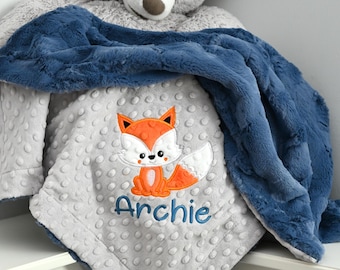 Personalized Fox Minky Baby Blanket – Woodland Nursery Custom Name Soft Newborn Gift