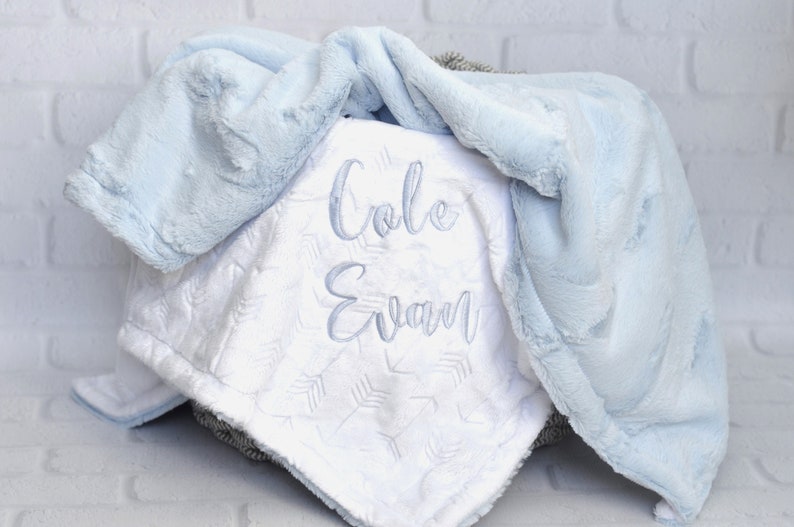 Powder Blue Personalized Minky Baby Blanket-Blue Girl Blanket-Personalized boy blue blanket-White Arrow blanket-Newborn-gift-Baby shower image 1