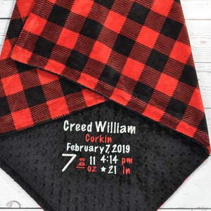 Personalized Red Plaid baby blanket-Red Black Plaid Baby Blanket-Birth Stats blanket-Monogrammed Minky Baby Blanket-Scarlet Minky Blanket