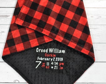 Personalized Red Plaid baby blanket-Red Black Plaid Baby Blanket-Birth Stats blanket-Monogrammed Minky Baby Blanket-Scarlet Minky Blanket