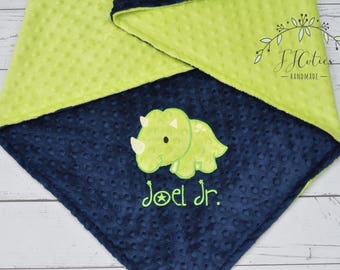 Dinosaur Minky Baby Blanket-Personalized Triceratops Dino Minky blanket-Personalized baby Boy Blanket-Navy Blue and Lime Green baby blanket