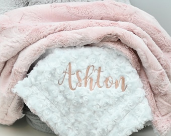 Rose Gold Personalized Minky Baby Blanket - Baby Girl Blanket - Personalized Baby blanket - White Rose blanket - Monogram Blanket - Newborn