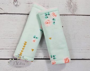 Baby car seat strap Cover rose-car seat neck strap-stroller seat strap-reversible seat strap-infant car seat strap-Flora car seat strap