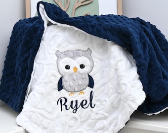 Personalized Navy Blue Owl Baby Blanket, Custom Name Minky, Baby Boy Nursery Blanket, Owl Baby Shower Gift, Newborn Gift, Toddler Blanket