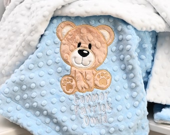 Personalized Teddy Bear Minky Blanket–Custom Name Baby Blanket–Soft Plush Keepsake Blanket–Unique Baby Shower Gift–Embroidered Bear Blanket