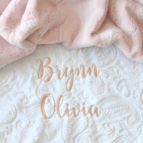Personalized White Paisley and Rose Gold Embroidered Minky Baby Blanket