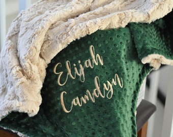 Personalized Green Forrest baby blanket-Woodland baby minky blanket- green gold beige nursery-Woodland nursery-Green baby shower gift