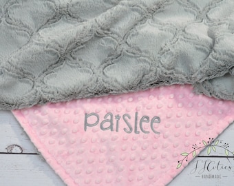 Personalized Baby girl blanket-Personalized pink and gray crib blanket- Pink gray baby blanket-gray minky blanket-pink gray blanket minky