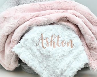 Rose Gold Personalized Minky Baby Blanket - Baby Girl Blanket - Personalized Baby blanket - White Rose blanket - Monogram Blanket - Newborn
