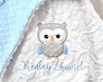 Owl baby blanket power blue-personalized owl baby gift-Owl baby shower gift-Owl nursery-Girls owl baby blanket-babu blue girls minky blanket