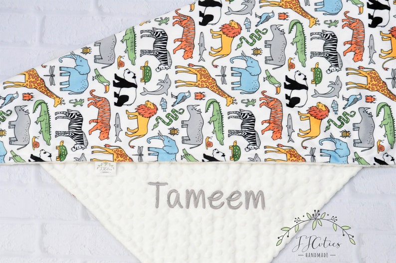 Zoo animal Minky Baby Blanket Boy Girl-Personalized Baby Blanket-Elephant Lion Tiger Zebra Panda Giraffe Baby Minky Blanket Boy-Zoo Nursery image 3