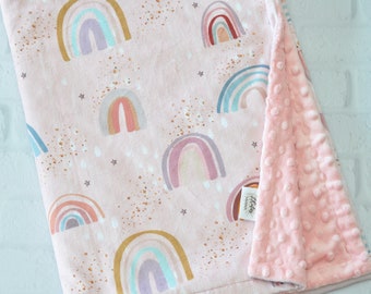 Personalized baby blanket-Rainbow Minky baby blanket-Personalized Rainbow Baby minky blanket-Rose Gold Pink Rainbow Girl Baby  blanket