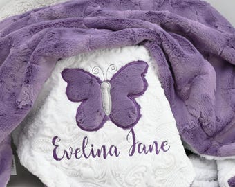 Personalized Violet Purple Butterfly Minky Baby Blanket-Butterfly baby blanket-Personalized Baby Minky Butterfly Blanket-Girl baby blanket