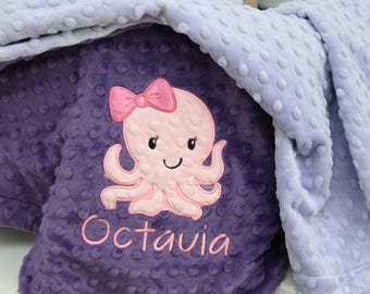 Personalized Octopus Baby Blanket, Purple Lavender Pink Minky Blanket, Girls Custom Name Blanket, Cute Ocean Nursery Gift, Baby Shower Gift