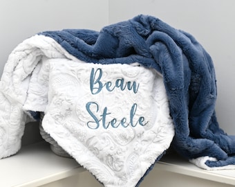 Spersonalizowany niebieski kocyk dziecięcy Jeans Denim - Niebieski kocyk dziecięcy Minky Jeans - Niebieski do pokoju dziecięcego Jeans - Niebieski do pokoju dziecięcego - Niebieski do pokoju dziecięcego - Prezent na baby shower w kolorze Jeans
