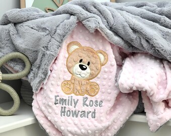 Bear Personalized Minky Baby Blanket-Teddy Bear baby blanket-Personalized Baby Minky blanket-Minky Bear Blanket-Girl baby blanket
