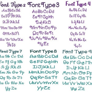 May include: A chart displaying ten different font styles, labelled "Font Type 1" to "Font Type 10". Each font style shows the alphabet from "Aa Bb Cc Dd" to "YyZz" in purple, teal, or blue.