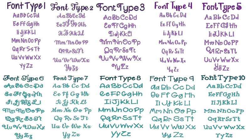 May include: A chart displaying ten different font styles, labelled "Font Type 1" to "Font Type 10". Each font style shows the alphabet from "Aa Bb Cc Dd" to "YyZz" in purple, teal, or blue.