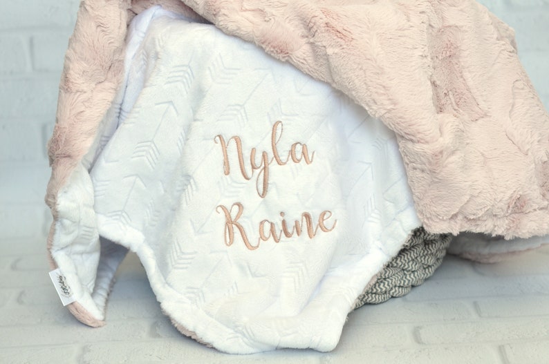 Rose Gold Personalized Minky Baby Blanket Baby Girl Blanket Personalized Baby blanket White Arrow blanket Monogram Blanket Newborn image 3