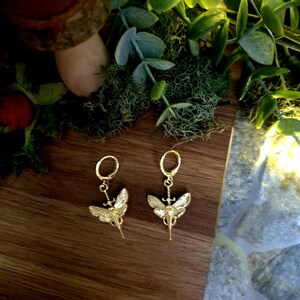 May include: Gold hoop earrings with a dangling moth charm. The moth is detailed with intricate wings and a long, thin body.