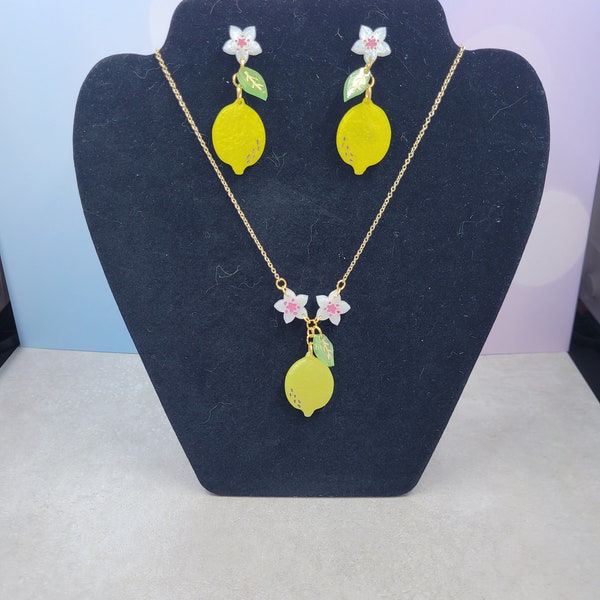 Lemon Resin Dangle Earrings & Necklace Set - Spring - Lemon Blossom - Citrus - Novelty