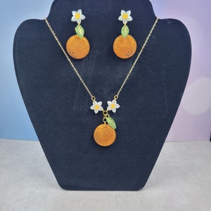 Clementine Resin Dangle Earrings & Necklace Set - Spring - Orange Blossom - Citrus - Novelty