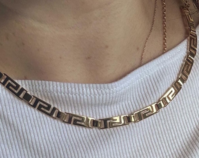 Drop 2 Vintage Gold Tone Greek Meander Necklace | Collar Necklace | Vintage Greek Key