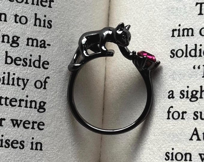 Black Cat Ring with Red Gemstone