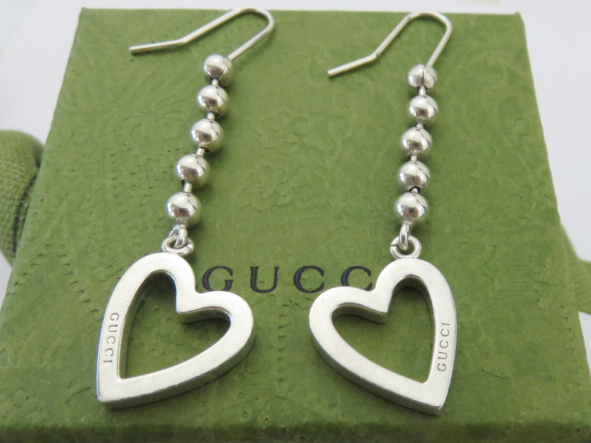 Gucci Sterling Silver Heart Drop Dangle Earrings