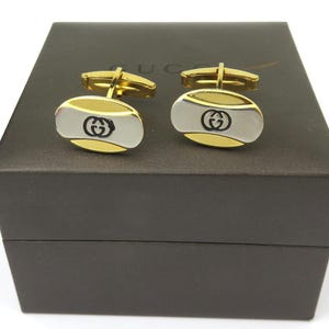 Gucci Gold Silver Tone Metal GG Logo Oval Cufflinks