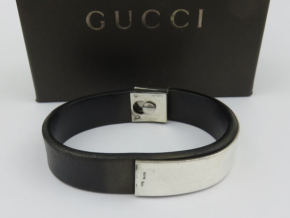 Gucci Sterling Silver Black Leather Bangle Bracelet Etsy Australia