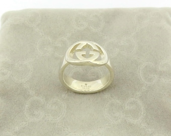 GUCCI 925 Sterling Silver Interlocking G Logo Ring Size 4.5 Authentic with Pouch