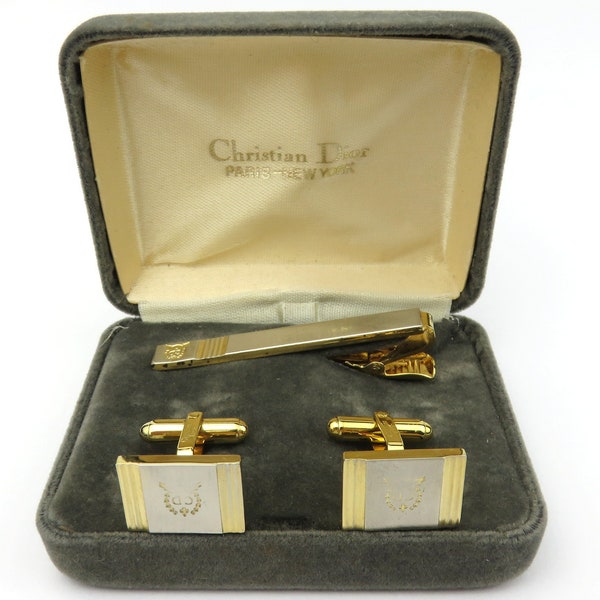 Christian Dior Gold Silver Tone Metal CD Logo Cufflinks Tie Clip Set