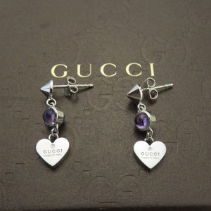 GUCCI Sterling Silver Amethyst Heart Tag Earrings UK