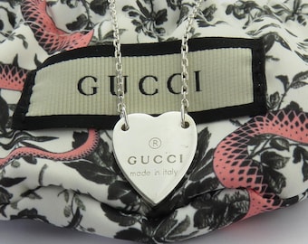 Gucci 925 Sterling Silver Trademark Heart Pendant Necklace Authentic with Pouch
