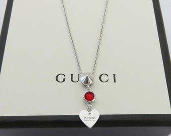 Authentic Gucci Sterling Silver Heart Tag Red Stone Pendant
