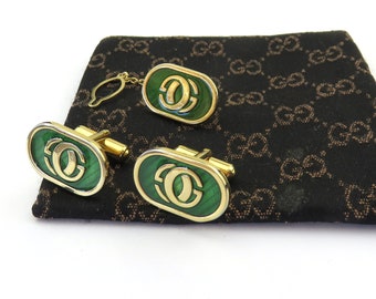 Gucci Vintage Oro Tono Metal Verde Esmalte GG Logo Gemelos Conjunto de alfileres de corbata