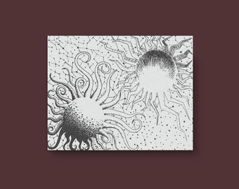 May include: Black and white ink drawing of two abstract sun-like shapes with swirling lines and dots. The shapes are connected by a web of lines.