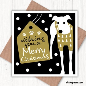 En vous souhaitant un joyeux Noël, carte lurcher, carte lévrier, carte lévrier, carte whippet, carte dotty, carte amoureux des chiens