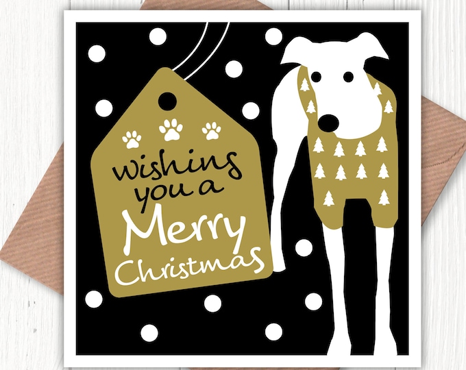 Wishing you a Merry Christmas card, lurcher card, greyhound card, sighthound card, whippet card, dotty card, dog lovers card